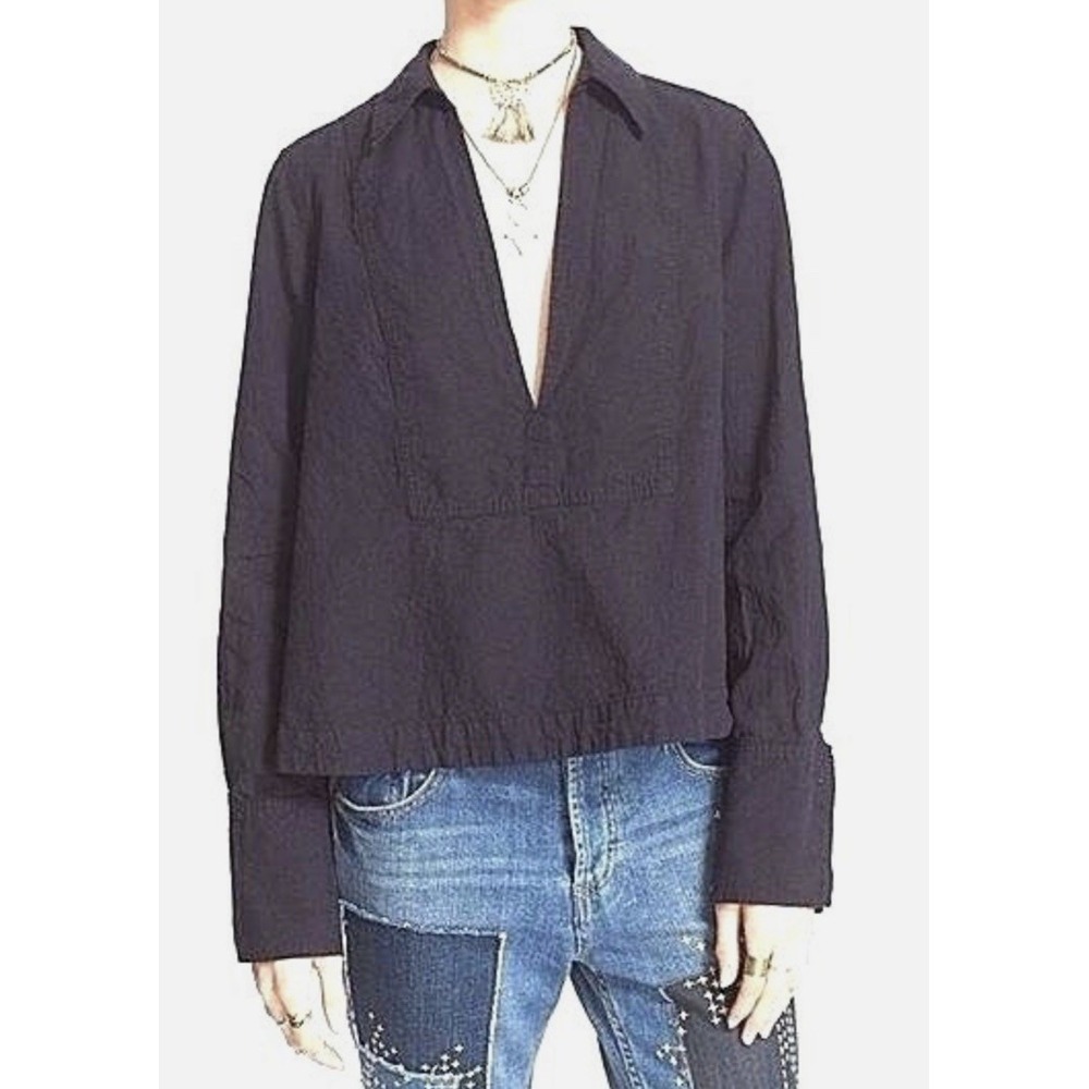 FREE PEOPLE NWT DARK NAVY BLUE Combo Pullover‎ Shirt Blouse Cotton/Linen S